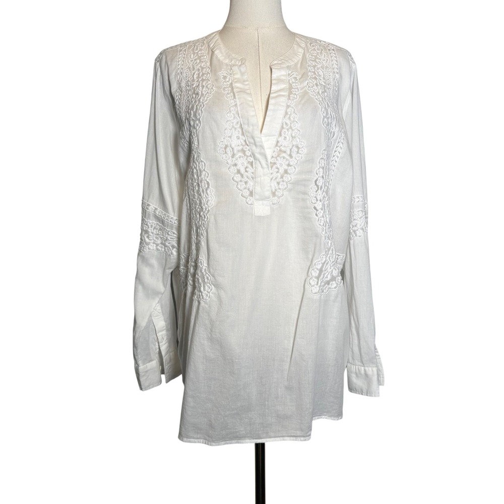Soft Surroundings White Embroidered Lace Cotton Tunic Top XL Boho